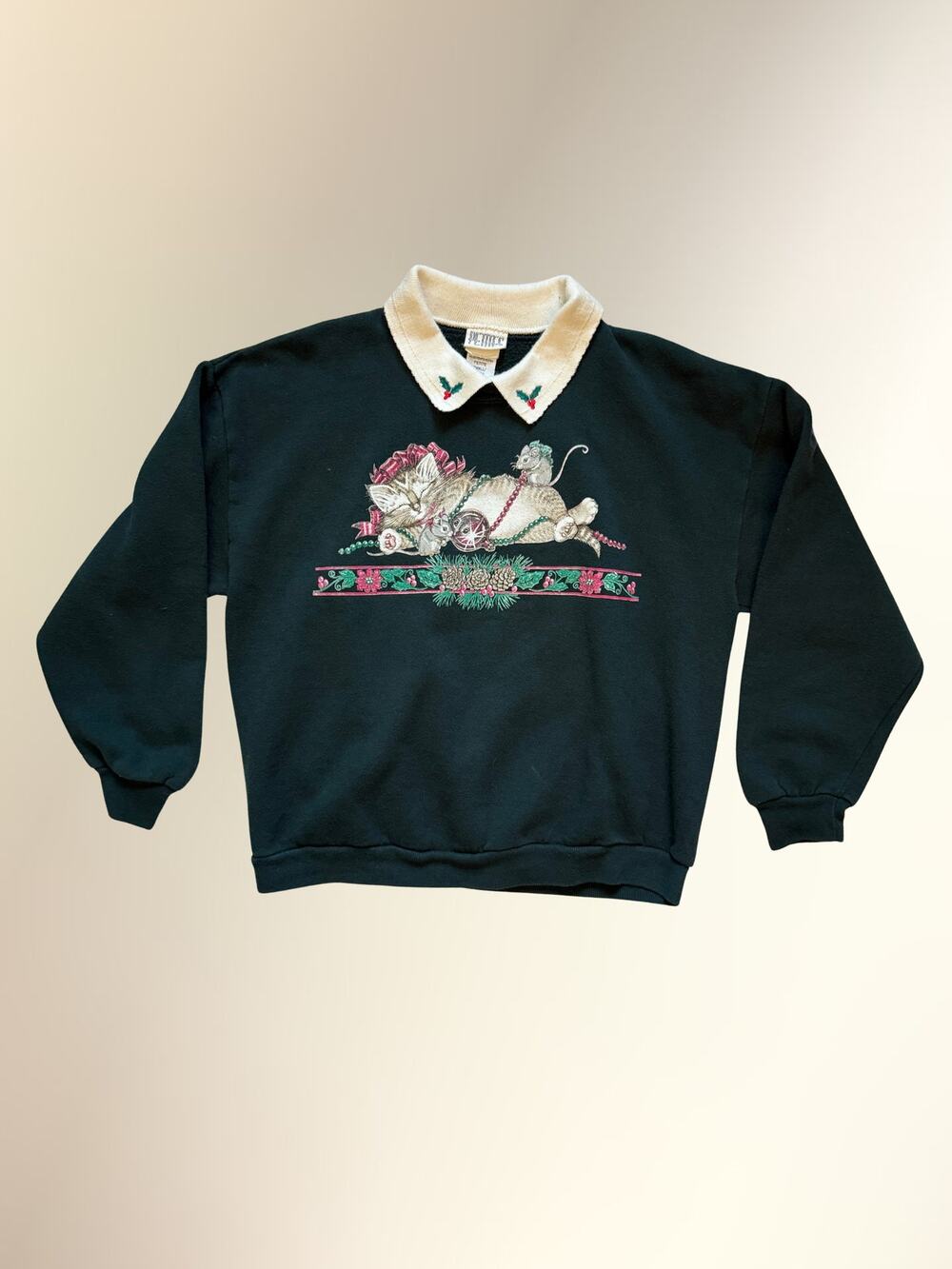 Vintage Just For Petites Green Holiday Cat Mouse Collared Sweater S